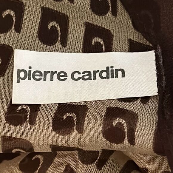 Vintage Pierre Cardin 100% Silk Square Scarf Brown Tan Logo Print Luxury Neutral - Picture 9 of 9